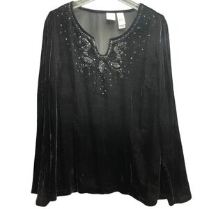 NWT Emma James Black Velvet Notched Neckline Top with Beaded Sequin Accent,Sz 16